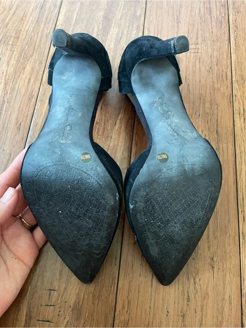 Jessica Simpson Black Suede Pointed-Toe Ankle Strap Heels